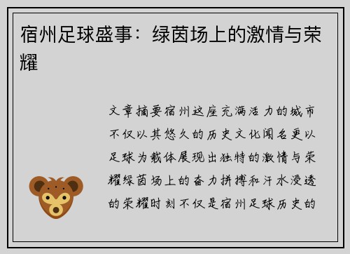 宿州足球盛事：绿茵场上的激情与荣耀