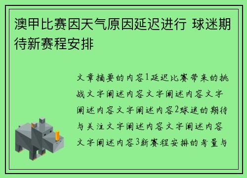 澳甲比赛因天气原因延迟进行 球迷期待新赛程安排