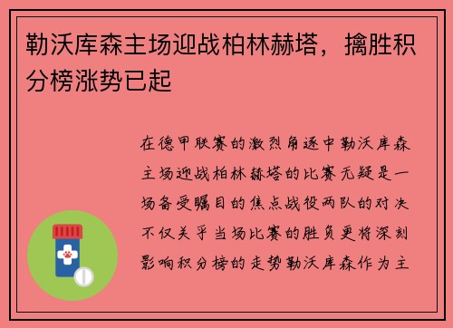勒沃库森主场迎战柏林赫塔，擒胜积分榜涨势已起